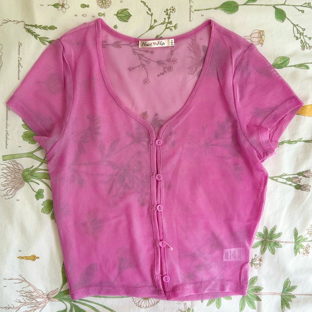Pink mesh button-up crop top